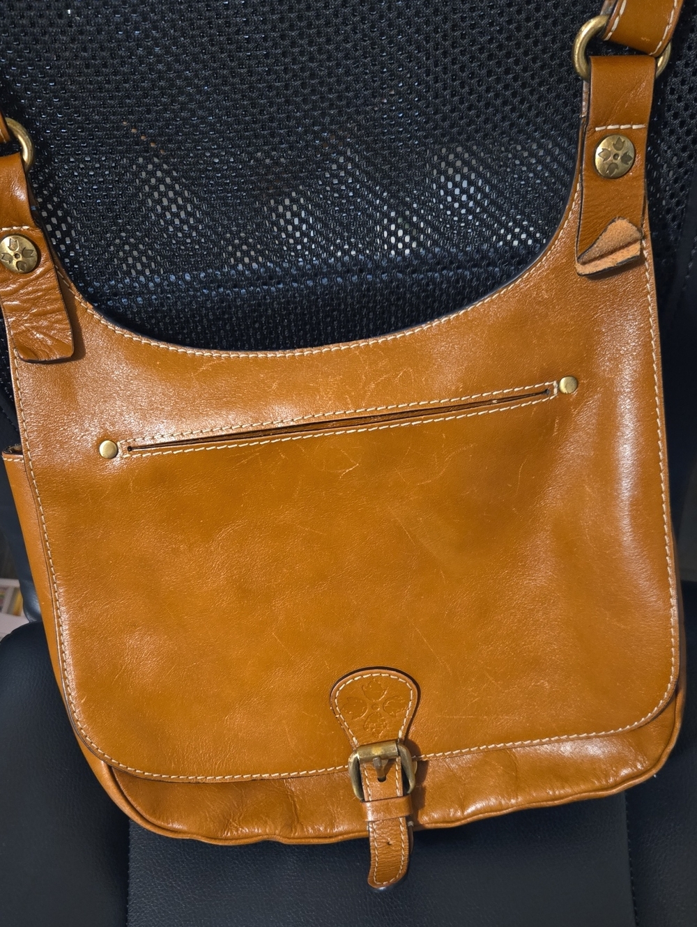 Patricia Nash Cognac Leather Crossbody Bag with Buckle Detail
